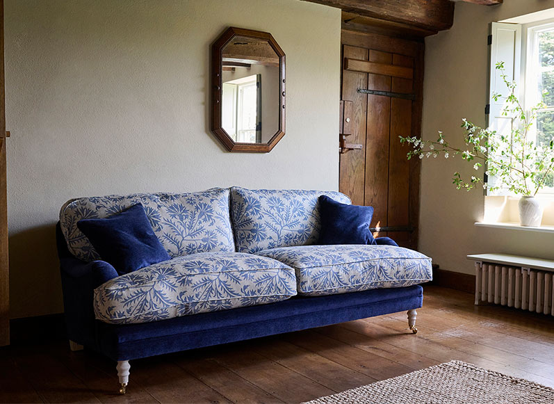 Coates 3 Seater Sofa in Mohair Indigo with Seat and Back Cushions in Gertrude Jekyll Meadow Flower Blue